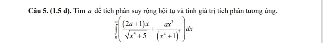 (1.5 đ). Tìm a để tích phân suy rộng hội tụ và tính giá trị tích phân tương ứng.
∈tlimits _0^(=(frac (2a+1)x)sqrt(x^4+5)+frac ax^3(x^4+1)^2)dx