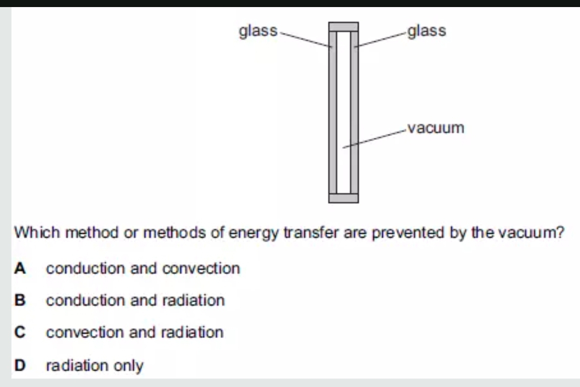 Which method or methods of energy transfer are prevented by the vacuum?
A conduction and convection
B conduction and radiation
C convection and radiation
D radiation only