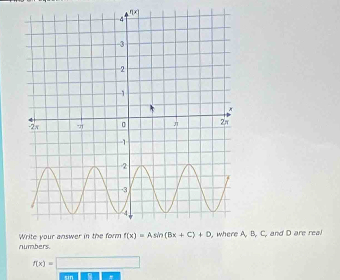 f(x)
A, B, C, and D are real
numbers.
f(x)=□
sin 9