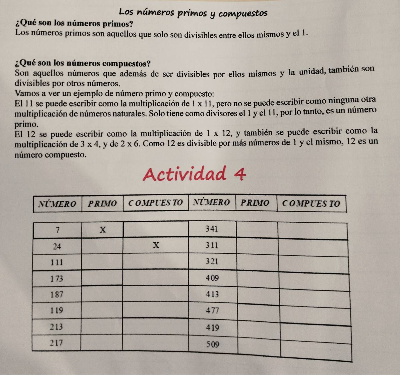 Los números primos y compuestos 
¿Qué son los números primos? 
Los números primos son aquellos que solo son divisibles entre ellos mismos y el 1. 
¿Qué son los números compuestos? 
Son aquellos números que además de ser divisibles por ellos mismos y la unidad, también son 
divisibles por otros números. 
Vamos a ver un ejemplo de número primo y compuesto: 
El 11 se puede escribir como la multiplicación de 1* 11 , pero no se puede escribir como ninguna otra 
multiplicación de números naturales. Solo tiene como divisores el 1 y el 11, por lo tanto, es un número 
primo. 
El 12 se puede escribir como la multiplicación de 1* 12 , y también se puede escribir como la 
multiplicación de 3* 4 , y de 2* 6. Como 12 es divisible por más números de 1 y el mismo, 12 es un 
número compuesto. 
Actividad 4