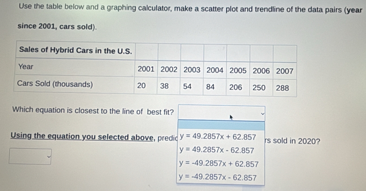 Use the table below and a graphing calculator, make a scatter plot and trendline of the data pairs (year
since 2001, cars sold).
Which equation is closest to the line of best fit?
Using the equation you selected above, predic y=49.2857x+62.857 rs sold in 2020?
y=49.2857x-62.857
y=-49.2857x+62.857
y=-49.2857x-62.857