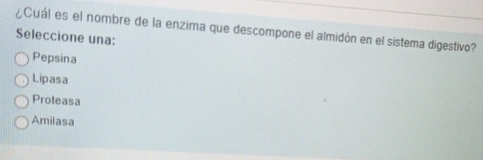 ¿Cuál es el nombre de la enzima que descompone el almidón en el sistema digestivo?
Seleccione una:
Pepsina
Lipasa
Proteasa
Amilasa