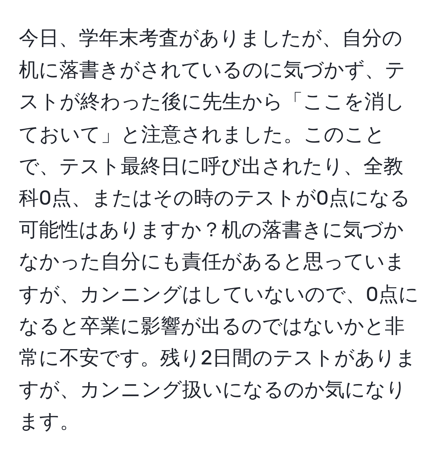 今日、学年末考査がありましたが、自分の机に落書きがされているのに気づかず、テストが終わった後に先生から「ここを消しておいて」と注意されました。このことで、テスト最終日に呼び出されたり、全教科0点、またはその時のテストが0点になる可能性はありますか？机の落書きに気づかなかった自分にも責任があると思っていますが、カンニングはしていないので、0点になると卒業に影響が出るのではないかと非常に不安です。残り2日間のテストがありますが、カンニング扱いになるのか気になります。