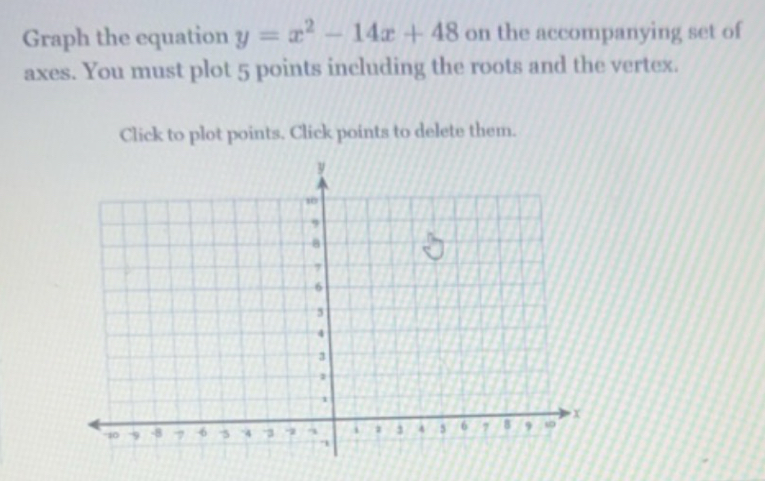 Graph the equation y=x^2-14x+48 on the accompanying set of 
axes. You must plot 5 points including the roots and the vertex. 
Click to plot points. Click points to delete them.