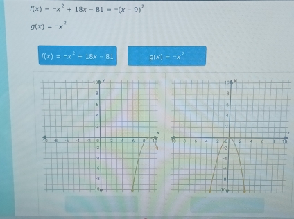 f(x)=-x^2+18x-81=-(x-9)^2
g(x)=-x^2
f(x)=-x^2+18x-81 g(x)=-x^2
K