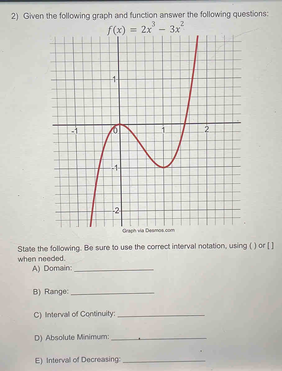 Given the following graph and function answer the following questions:
State the following. Be sure to use the correct interval notation, using ( ) or [ ]
when needed.
A) Domain:_
B) Range:_
C) Interval of Continuity:_
D) Absolute Minimum:_
E) Interval of Decreasing:_