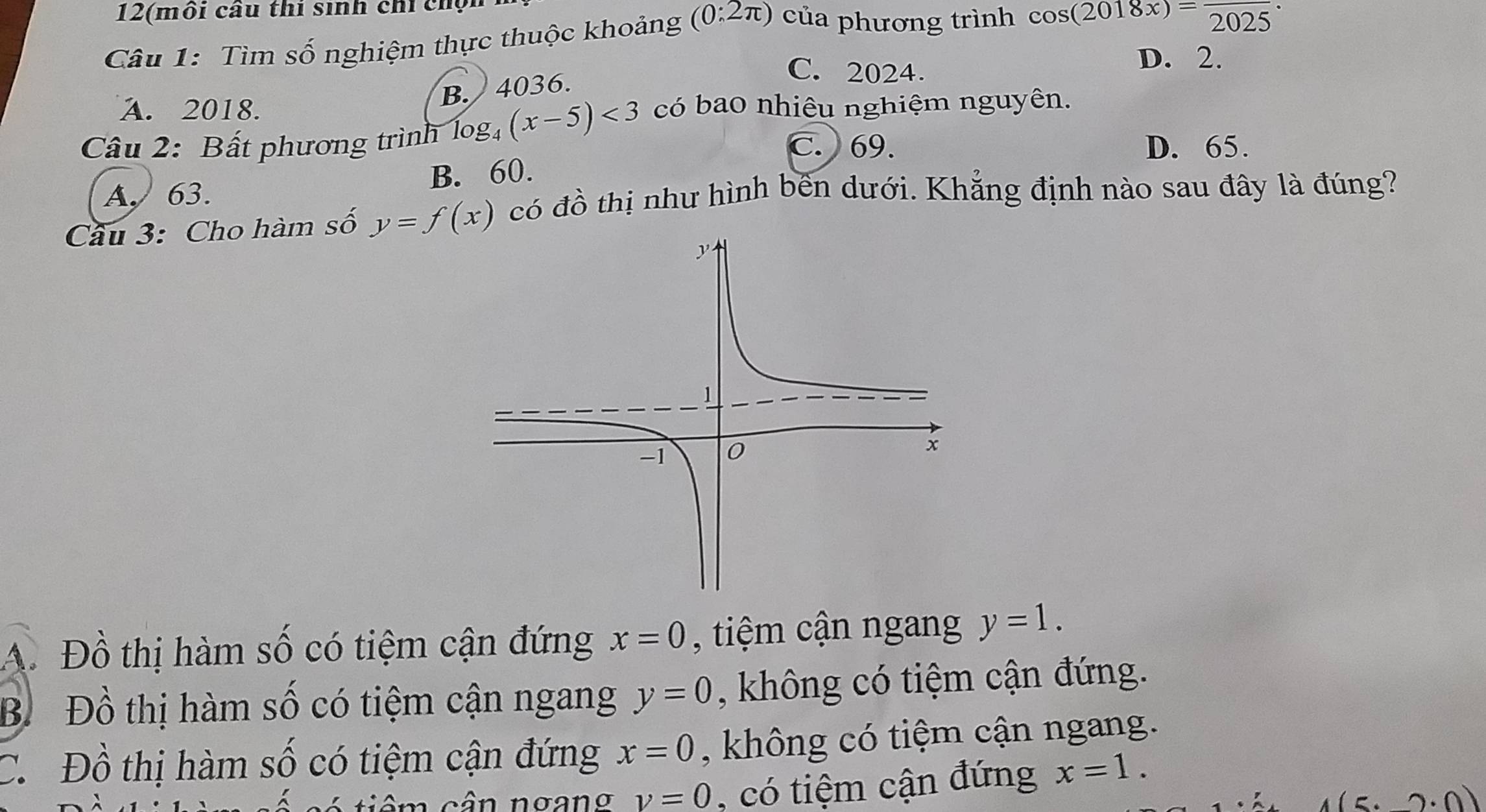 12(môi cầu thí sinh chỉ chội
Câu 1: Tìm số nghiệm thực thuộc khoảng (0:2π ) của phương trình cos (2018x)=frac 2025·
C. 2024.
D. 2.
B. 4036.
A. 2018.
Câu 2: Bất phương trình log _4(x-5)<3</tex> có bao nhiêu nghiệm nguyên.
C. 69. D. 65.
A 63. B. 60.
Cầu 3: Cho hàm số y=f(x) có đồ thị như hình bến dưới. Khẳng định nào sau đây là đúng?
A. Đồ thị hàm số có tiệm cận đứng x=0 , tiệm cận ngang y=1.
B. Đồ thị hàm số có tiệm cận ngang y=0 , không có tiệm cận đứng.
C. Đồ thị hàm số có tiệm cận đứng x=0 , không có tiệm cận ngang.
ciêm cân ngang v=0 , có tiệm cận đứng x=1.
(5.2.0)