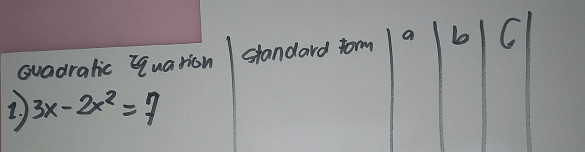 Gvadralic quarion standard torm a b C 
1. 3x-2x^2=7