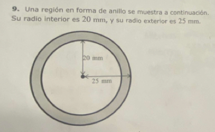 Una región en forma de anillo se muestra a continuación. 
Su radio interior es 20 mm, y su radio exterior es 25 mm.