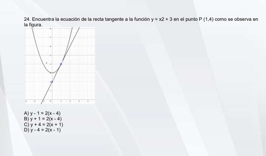 Encuentra la ecuación de la recta tangente a la función y=x2+3 en el punto P(1,4) como se observa en
A) y-1=2(x-4)
B) y+1=2(x-4)
C) y+4=2(x+1)
D) y-4=2(x-1)