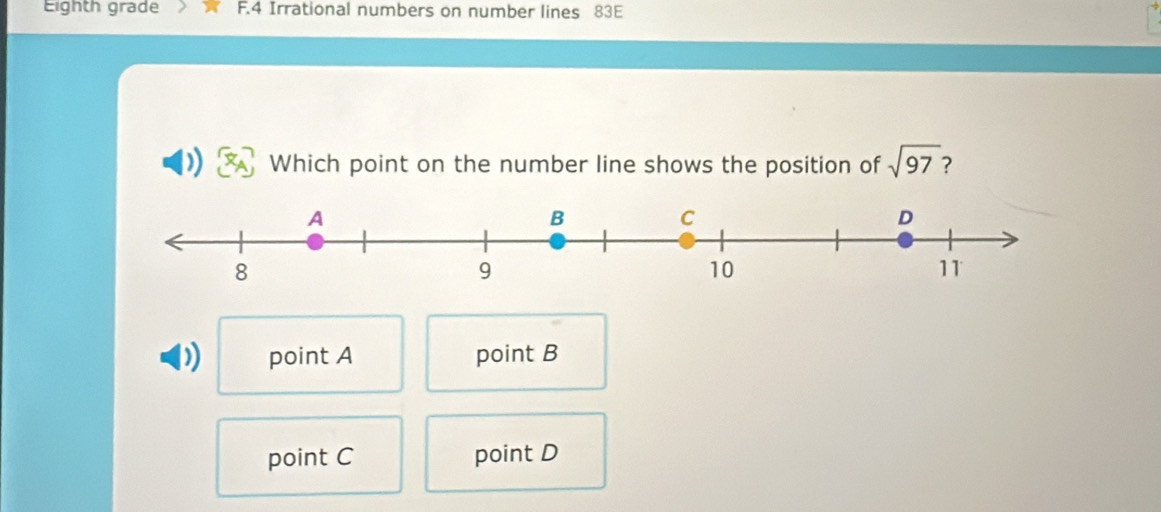 Eighth grade F.4 Irrational numbers on number lines 83E
Which point on the number line shows the position of sqrt(97) 2
) point A point B
point C point D