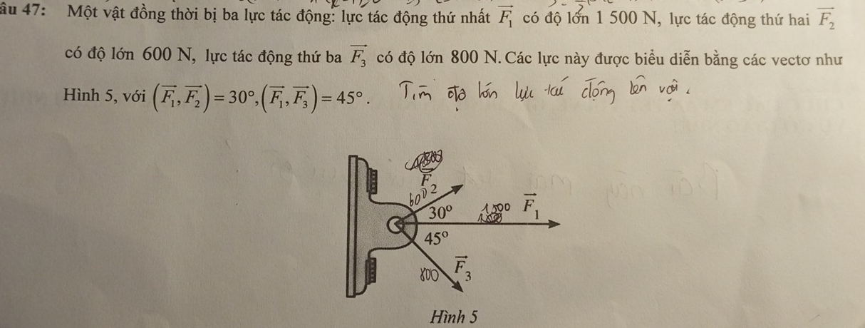 âu 47: Một vật đồng thời bị ba lực tác động: lực tác động thứ nhất vector F_1 có độ lớn 1 500 N, lực tác động thứ hai vector F_2
có độ lớn 600 N, lực tác động thứ ba vector F_3 có độ lớn 800 N. Các lực này được biểu diễn bằng các vectơ như
Hình 5, với (vector F_1,vector F_2)=30°,(vector F_1,vector F_3)=45°.
Hình 5