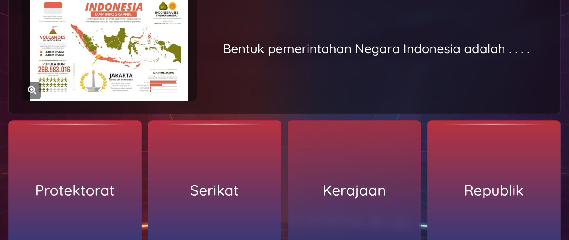 INDONESIA
Bentuk pemerintahan Negara Indonesia adalah . . . .
Protektorat Serikat Kerajaan Republik