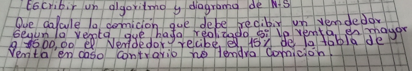 Eocribir un algoxilmo y diagromg de MS 
Oue dalcule 1o domicion gue debe recibir un vendedoy 
segknlo veata gue haga reolzadoes uo ventaber mayor
9 3500, 00 e Nendedor? recibe, e, uSn be 1atabla de 
Venta en doso contravio ho lendya comicion