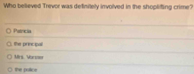 Who believed Trevor was definitely involved in the shoplifting crime?
Patricia. the principal
Mrs. Vorster
the police