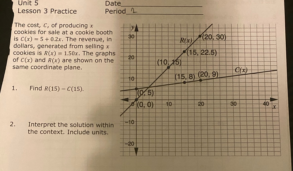 Date_
Lesson 3 Practice Period_
The cost, C, of producing x
cookies for sale at a cookie booth
is C(x)=5+0.2x. The revenue, in
dollars, generated from selling x
cookies is R(x)=1.50x. The graph
of C(x) and R(x) are shown on the
same coordinate plane.
1. Find R(15)-C(15).
2. Interpret the solution within
the context. Include units.