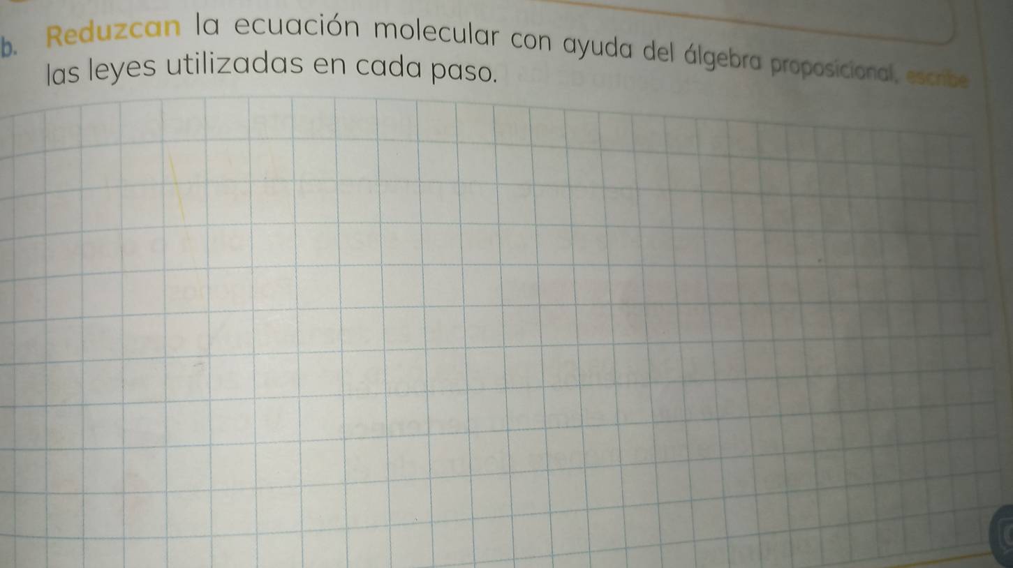 Reduzcan la ecuación molecular con ayuda del álgebra proposicional, escribe 
las leyes utilizadas en cada paso.