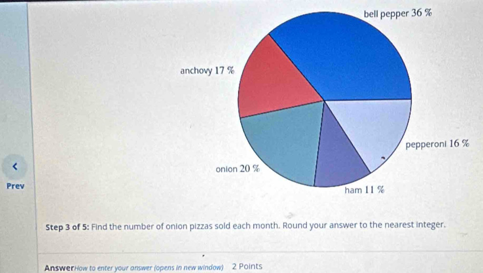 Prev 
Step 3 of 5: Find the number of onion pizzas sold each month. Round your answer to the nearest integer. 
AnswerHow to enter your answer (opens in new window) 2 Points