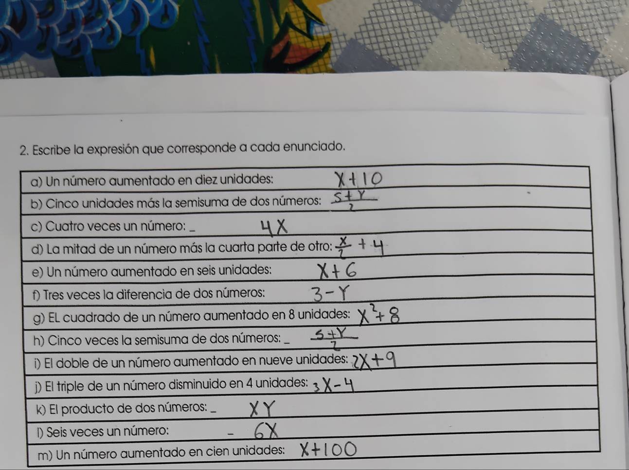 Escribe la expresión que corresponde a cada enunciado. 
m) Un número au