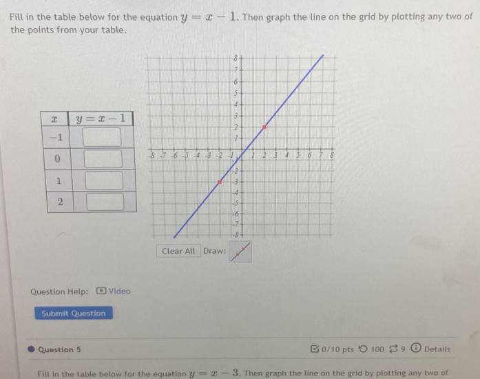 Fill in the table below for the equation y=x-1. Then graph the line on the grid by plotting any two of
the points from your table.
Clear All Draw:
Question Help:  Vídeo
Submit Question
Question 5  0/10 pts つ 100  9 Details
Fill in the table below for the equation y=x-3. Then graph the line on the grid by plotting any two of