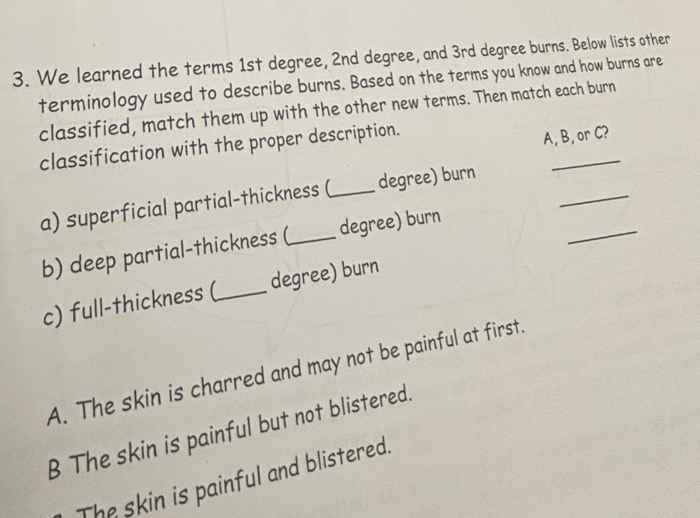 We learned the terms 1st degree, 2nd degree, and 3rd degree burns. Below lists other
terminology used to describe burns. Based on the terms you know and how burns are
classified, match them up with the other new terms. Then match each burn
_
classification with the proper description.
A, B, or C?
_
_
a) superficial partial-thickness ( _degree) burn
b) deep partial-thickness (_ degree) burn
c) full-thickness ( _degree) burn
A. The skin is charred and may not be painful at first.
B The skin is painful but not blistered.
The skin is painful and blistered.