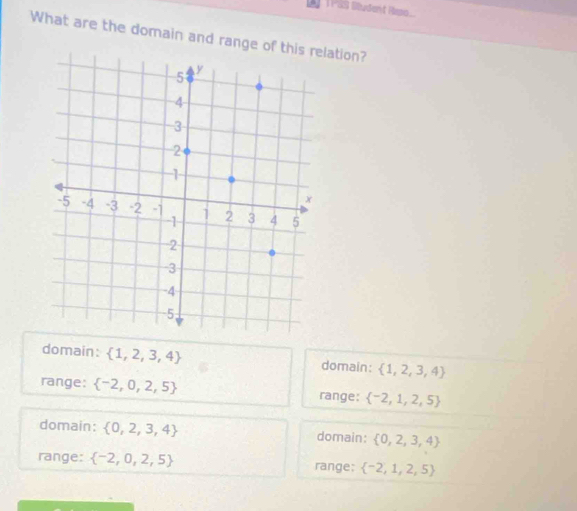 PåS Sludent Reso...
What are the domain and range of lation?
domain:  1,2,3,4 domain:  1,2,3,4
range:  -2,0,2,5 range:  -2,1,2,5
domain:  0,2,3,4 domain:  0,2,3,4
range:  -2,0,2,5 range:  -2,1,2,5