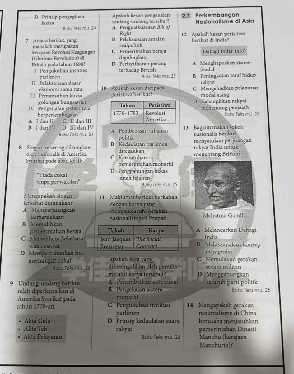 D Prinsip pengagihan Apakah kesan pengenalan 2.3 Perkembangan
kuasa undang-undang tersebut? Nasionalisme di Asia
Buku Teks m.s. 24 A Penguatkuasaan Bill of
Right 12 Apakah kesan peristiwa
7 Antara berikut, yang B Pelaksanaan amalan berikut di India?
manakah merupakan realpolitik
kejayaan Revolusi Keagungan C Pemerintahan beraja Dahagi India 1857
(Glorious Revolution) di digulingkan
Britain pada tahun 1688? D Perisytiharan perang A Menghapuskan sistem
I Pengukuhan institusi terhadap British feudal
parlimen Buku Teks m.s. 25 B Peningkatan taraf hidup
II Pelaksanaan dasar rakyat
ekonomi sama rata  10 Apakah kesan daripada C Mengehadkan pelaburan
III Pemansuhan kuasa peristiwa berikut? modal asing
golongan bangsawan
IV Pengenalan sistem rajaD Kebangkitan rakyat
menentang penjajah
berperlembagaan  Buku Teks m.s. 26
A I dan II C II dan III
B I dan IV D III dan IV A Pembebasan tahanan
13 Bagaimanakah tokoh
Buku Teks m.s. 24 politik
nasionalis berikut
8 Slogan ini sering dilaungkan B Kedaulatan parlimen menyatukan perjuangan
oleh nasionalís di Amerika ditegakkan rakyat India untuk
Syarikat pada abad ke-18. C Keruntuhan menentang British?
pemerintahan monarki
D Penggabungan bekas
“Tiada cukai
tanpa perwakilan'' tanah jajahan
Buku Teks m.s. 25
Mengapakah slogan  11  Maklumat berikut berkaitan
tersebut digunakan? dengan karya yan
A Memperjuangkan mempengaruhi gerakan
kemerdekaan nasionalisme di Eropah. Mahatma Gandhí
B Memulihkan
pemerintahan berajaA Melancarkan Dahagi
C Memelihara kebebasanIndia
wakil rakyat 
B Melaksanakan konsep
D Mempertahankan haksatyagraha
memungut cukai Apakah idea yan C Memulakan gerakan
Boku Teks m.s. 25 diketengahkan oleh penulis secara militan
melalui karya tersebut? D Menggabungkan
9 Undang-undang berikut A Penambaikan akta cukai seluruh parti politik
telah diperkenalkan di B Pengekalan sistem Buku Teks m.s. 26
Amerika Syarikat pada monarki
tahun 1770-an. C Pengukuhan institusi 14 Mengapakah gerakan
parlimen nasionalisme di China
Akta Gula D Prinsip kedaulatan suara berusaha menjatuhkan
Akta Teh rakyat pemerintahan Dinasti
Akta Pelayaran Buku Teks m.s. 25 Manchu (kerajaan
Manchuria)?