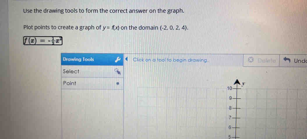 Use the drawing tools to form the correct answer on the graph. 
Plot points to create a graph of y=f(x) on the domain  -2,0,2,4.
f(x)=- 1/2 x^2
Drawing Tools Click on a tool to begin drawing. Deleto Und 
Select 
Point 
5