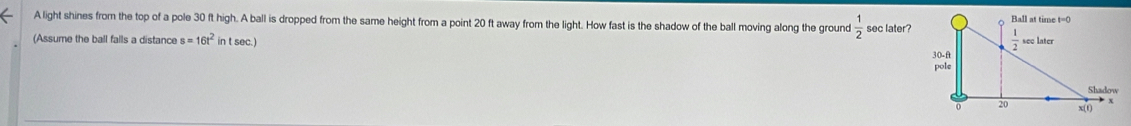 A light shines from the top of a pole 30 ft high. A ball is dropped from the same height from a point 20 ft away from the light. How fast is the shadow of the ball moving along the ground  1/2  sec later?
(Assume the ball falls a distance s=16t^2 in t sec.)