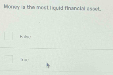 Money is the most liquid financial asset.
False
True