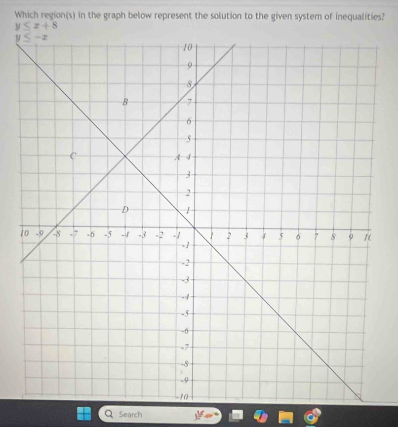 Which region(s) in the graph below represent the solution to the given system of inequalities?
y≤ x+8
Search