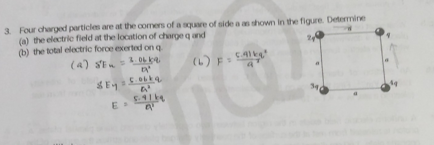 Four charged particles are at the corners of a square of side a as shown in the figure. Determine 
(a) the electric field at the location of charge q and 
(b) the total electric force exerted on q.