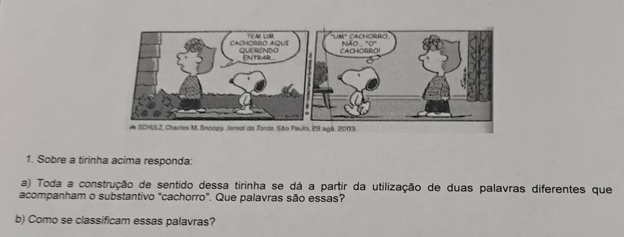 Sobre a tirinha acima responda: 
a) Toda a construção de sentido dessa tirinha se dá a partir da utilização de duas palavras diferentes que 
acompanham o substantivo "cachorro". Que palavras são essas? 
b) Como se classificam essas palavras?