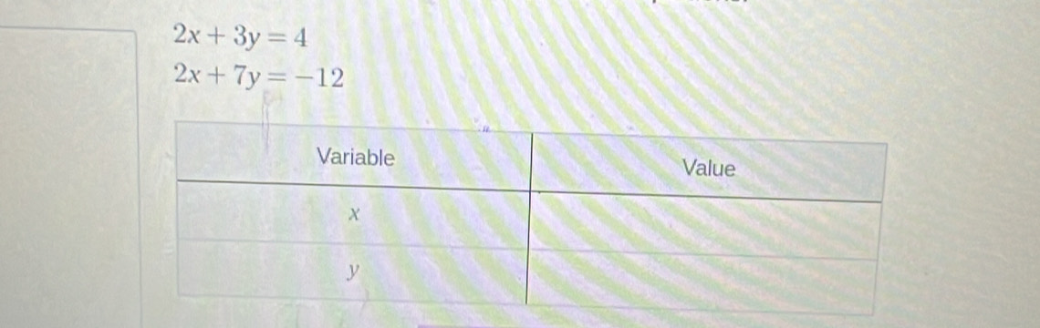 2x+3y=4
2x+7y=-12