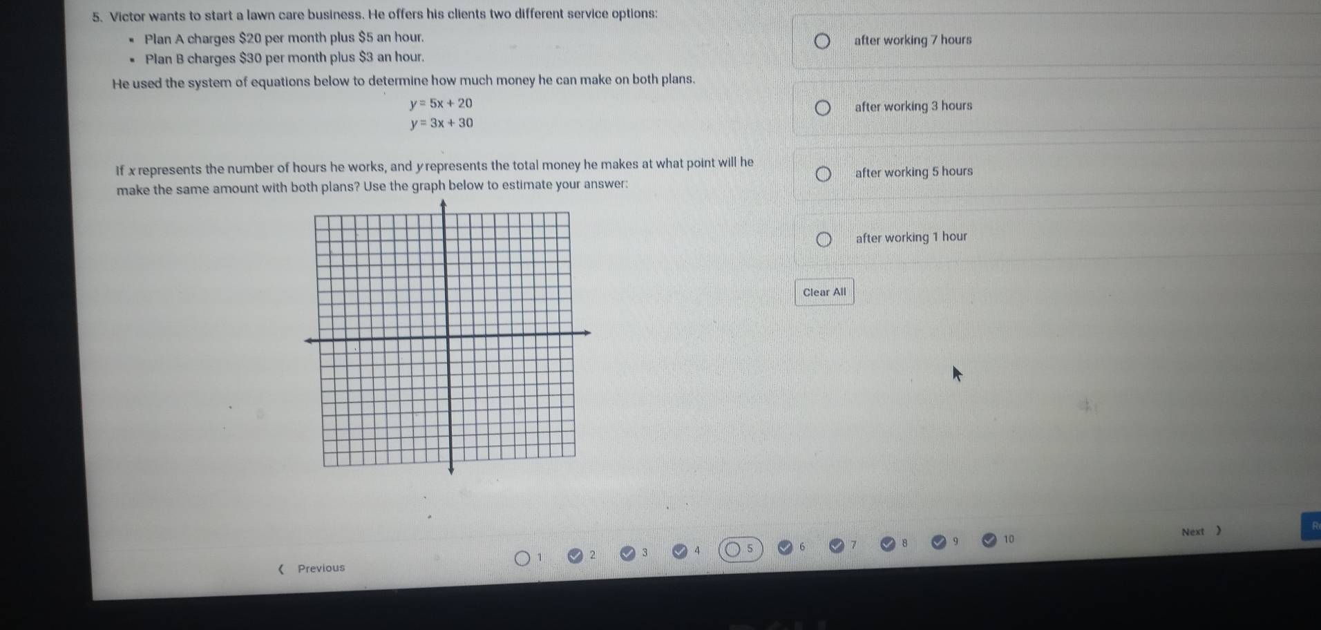 Victor wants to start a lawn care business. He offers his clients two different service options:
Plan A charges $20 per month plus $5 an hour. after working 7 hours
Plan B charges $30 per month plus $3 an hour.
He used the system of equations below to determine how much money he can make on both plans.
y=5x+20 after working 3 hours
y=3x+30
If xrepresents the number of hours he works, and yrepresents the total money he makes at what point will he
make the same amount with both plans? Use the graph below to estimate your answer: after working 5 hours
after working 1 hour
Clear All
Next )
《 Previous