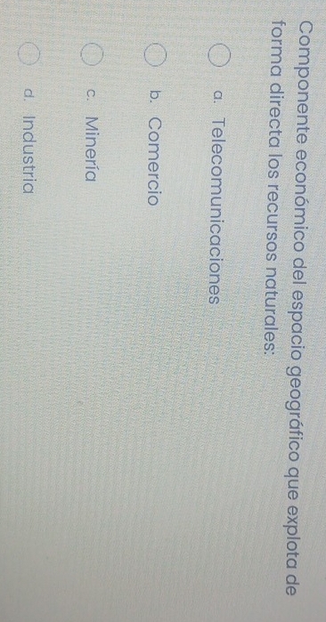Componente económico del espacio geográfico que explota de
forma directa los recursos naturales:
a. Telecomunicaciones
b. Comercio
c. Minería
d. Industria
