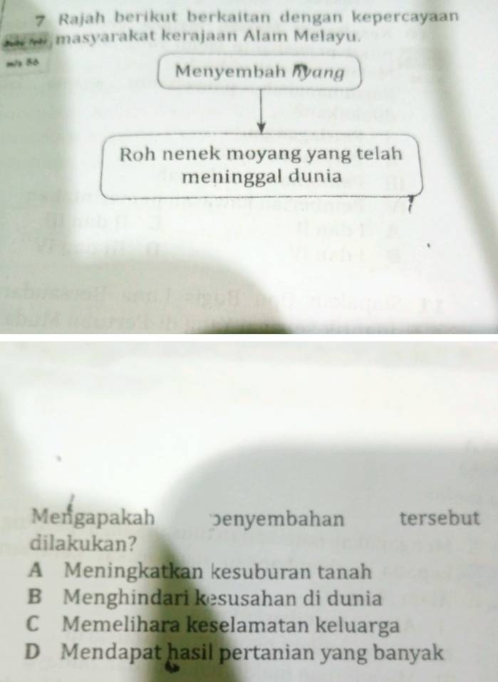 Rajah berikut berkaitan dengan kepercayaan
fw masyarakat kerajaan Alam Melayu.
m/s 56
Menyembah nyang
Roh nenek moyang yang telah
meninggal dunia
Mengapakah penyembahan tersebut
dilakukan?
A Meningkatkan kesuburan tanah
B Menghindari kesusahan di dunia
C Memelihara keselamatan keluarga
D Mendapat hasil pertanian yang banyak