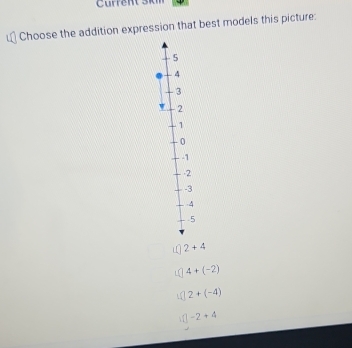 Current Škm
Choose the addition expression that best models this picture:
5
4
3
2
1
0
-1
-2
-3
-4
-5
2+4
4+(-2)
2+(-4)
-2+4