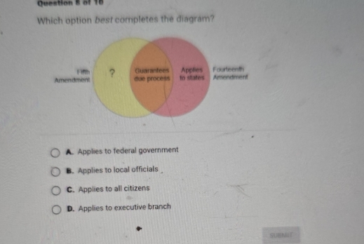 Which option best completes the diagram?
A. Applies to federal government
B. Applies to local officials
C. Applies to all citizens
D. Applies to executive branch
SUBNT