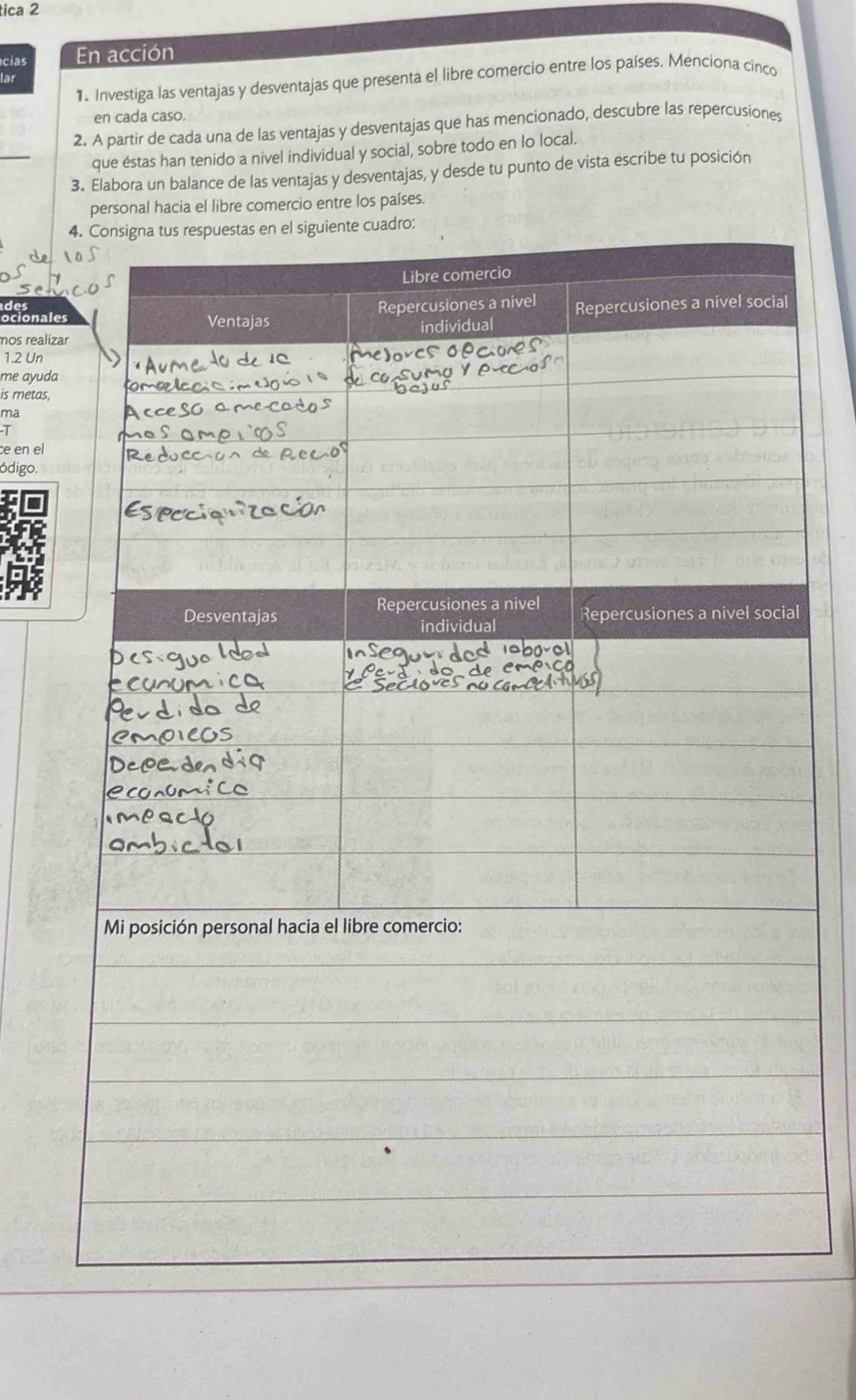 tica 2 
cias En acción 
lar 
1. Investiga las ventajas y desventajas que presenta el libre comercio entre los países. Menciona cinco 
en cada caso. 
2. A partir de cada una de las ventajas y desventajas que has mencionado, descubre las repercusiones 
_ 
que éstas han tenido a nivel individual y social, sobre todo en lo local. 
3. Elabora un balance de las ventajas y desventajas, y desde tu punto de vista escribe tu posición 
personal hacia el libre comercio entre los países. 
ocionales 
mos realizar 
1.2 Un 
me ayuda 
is metas, 
ma 
-T 
ce en el 
ódigo. 
l