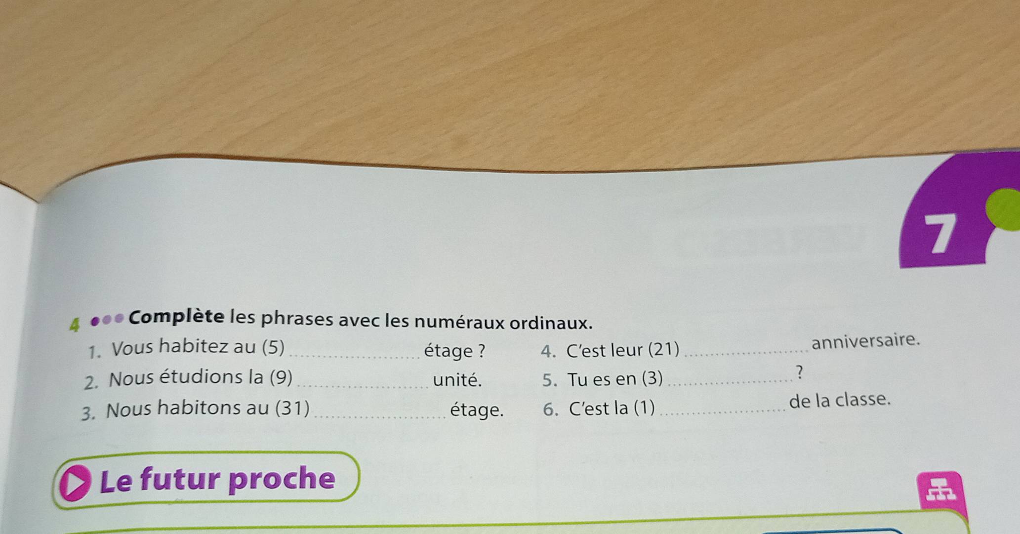 7 
4 ●** Complète les phrases avec les numéraux ordinaux. 
1. Vous habitez au (5) _étage ? 4. C’est leur (21)_ 
anniversaire. 
2. Nous étudions la (9) _unité. 5. Tu es en (3)_ 
? 
3. Nous habitons au (31)_ étage. 6. C'est la (1) _de la classe. 
Le futur proche