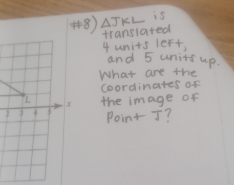 AJKL is 
translared
4 units left, 
and 5 units up. 
What are the 
coordinates of 
the image of 
Point overline 1 ?