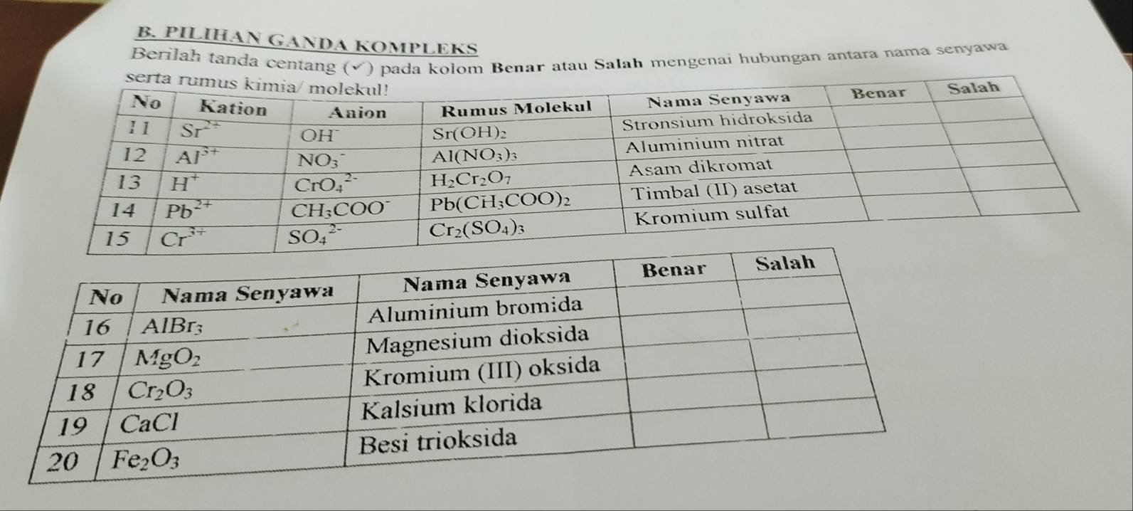 PILIHAN GANDA KOMPLEKS
Berilah tanda centang (✓) pada kolom Benar atau Salah mengenai hubungan antara nama senyawa