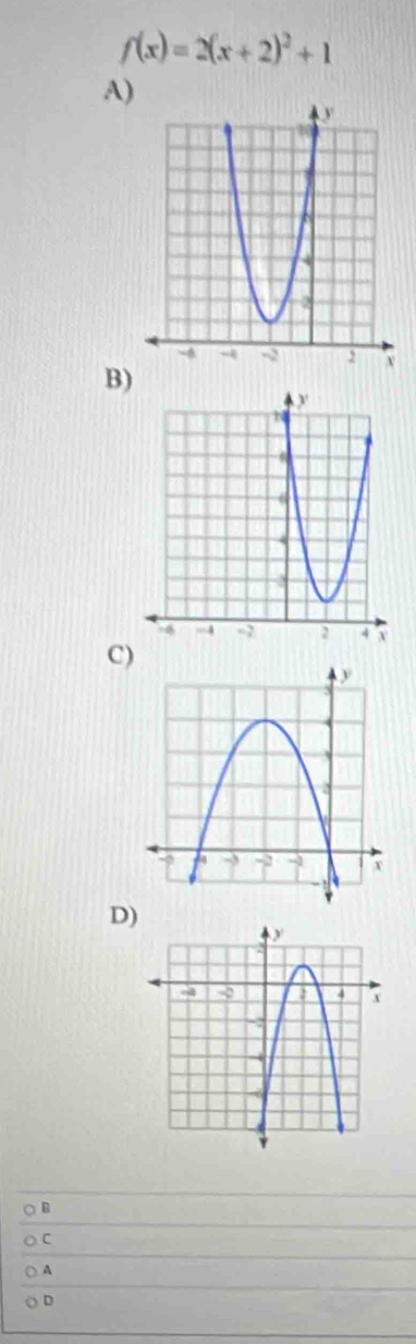 f(x)=2(x+2)^2+1
A)
B)
C)
D)
B
C
A
D