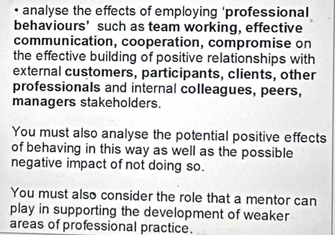 analyse the effects of employing ‘professional 
behaviours’ such as team working, effective 
communication, cooperation, compromise on 
the effective building of positive relationships with 
external customers, participants, clients, other 
professionals and internal colleagues, peers, 
managers stakeholders. 
You must also analyse the potential positive effects 
of behaving in this way as well as the possible 
negative impact of not doing so. 
You must also consider the role that a mentor can 
play in supporting the development of weaker 
areas of professional practice.