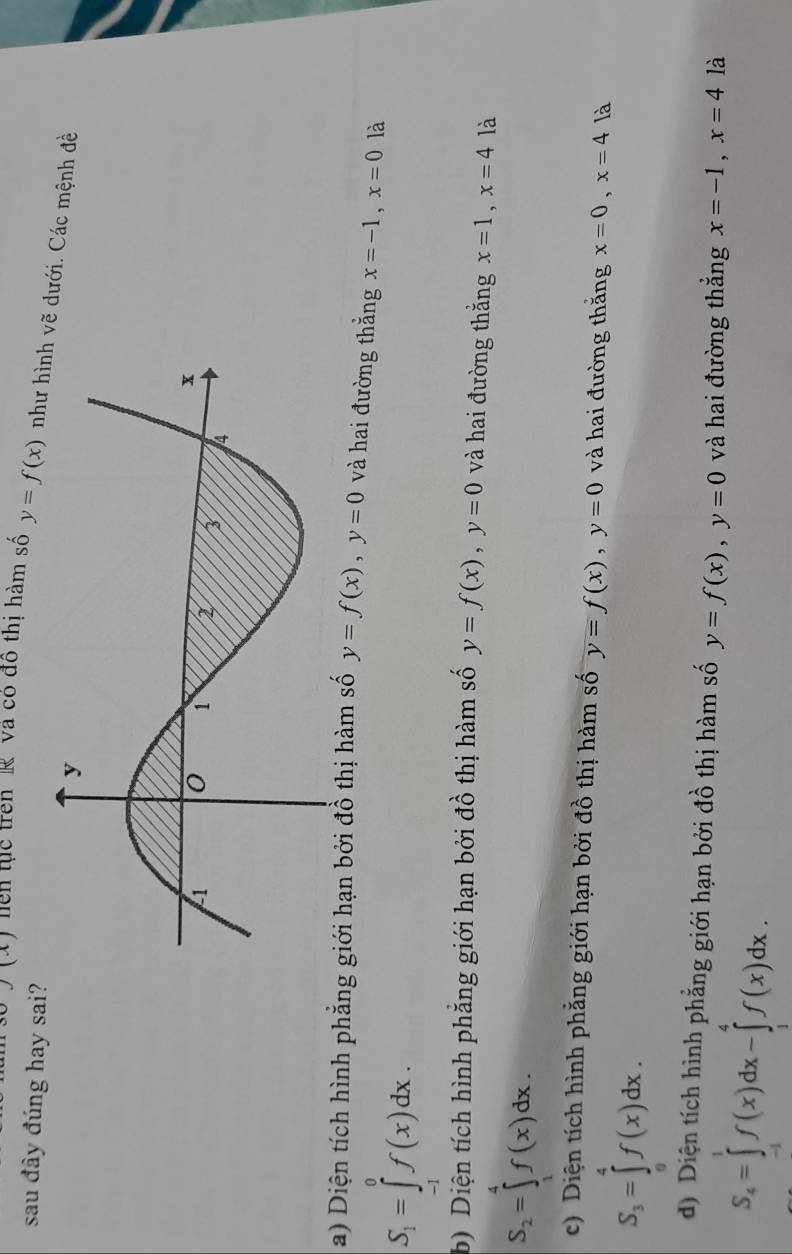 sau đây đúng hay sai? 
) (X) liện tực trên R Và có đô thị hàm số y=f(x) như hìnhẽ dưới. Các mệnh đề 
a) Diện tích hình phẳng giới hạn bởi đồ thị hàm số y=f(x), y=0 và hai đường thắng x=-1, x=0 là
S_1=∈tlimits _(-1)^0f(x)dx. 
b) Diện tích hình phẳng giới hạn bởi đồ thị hàm số y=f(x), y=0 và hai đường thắng x=1, x=4 là
S_2=∈tlimits _2^(4f(x)dx. 
c) Diện tích hình phẳng giới hạn bởi đồ thị hàm số y=f(x), y=0 và hai đường thắng x=0, x=4 là
S_3)=∈tlimits _9^(4f(x)dx. 
d) Diện tích hình phẳng giới hạn bởi đồ thị hàm số y=f(x), y=0 và hai đường thắng x=-1, x=4 là
S_4)=∈tlimits _(-1)^1f(x)dx-∈tlimits _1^4f(x)dx.