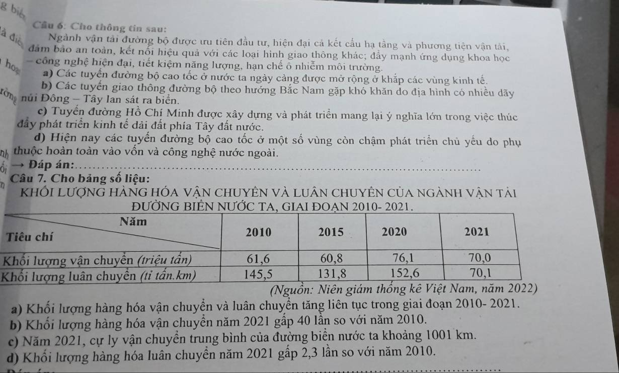 bi
Câu 6: Cho thông tin sau:
à điệ Ngành vận tải đường bộ được ưu tiên đầu tư, hiện đại cả kết cấu hạ tầng và phương tiện vận tải,
đảm bảo an toàn, kết nổi hiệu quả với các loại hình giao thông khác; đẩy mạnh ứng dụng khoa học
ho  công nghệ hiện đại, tiết kiệm năng lượng, hạn chế ô nhiễm môi trường.
a) Các tuyến đường bộ cao tốc ở nước ta ngày càng được mở rộng ở khắp các vùng kinh tế.
b) Các tuyến giao thông đường bộ theo hướng Bắc Nam gặp khó khăn do địa hình có nhiều dãy
Đôn núi Đông - Tây lan sát ra biển.
c) Tuyển đường Hồ Chí Minh được xây dựng và phát triển mang lại ý nghĩa lớn trong việc thúc
đầy phát triển kinh tế dải đất phía Tây đất nước.
d) Hiện nay các tuyến đường bố cao tốc ở một số vùng còn chậm phát triển chủ yếu do phụ
nh thuộc hoàn toàn vào vốn và công nghệ nước ngoài.
ổi →  Đáp án:
Câu 7. Cho bảng số liệu:
n khÔi LượnG HÀNg hóa vận chUYÊN và luân chUyÊn của ngành vận tải
ĐƯỜNG BIÊN NƯỚC TA, GIAI ĐOẠN 2010- 2021.
(Nguồn: Niên giám thống kê 
a) Khối lượng hàng hóa vận chuyển và luân chuyển tăng liên tục trong giai đoạn 2010- 2021.
b) Khối lượng hàng hóa vận chuyền năm 2021 gấp 40 lần so với năm 2010.
c) Năm 2021, cự ly vận chuyển trung bình của đường biển nước ta khoảng 1001 km.
d) Khối lượng hàng hóa luân chuyền năm 2021 gấp 2,3 lần so với năm 2010.