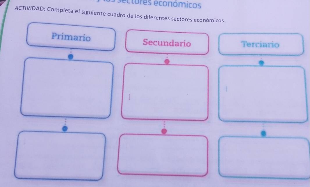 ectores económicos 
ACTIVIDAD: Completa el siguiente cuadro de los diferentes sectores económicos. 
Primario Secundario Terciario 
]