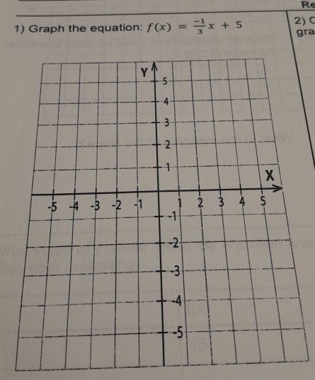 Re 
1) Graph the equation: f(x)= (-1)/3 x+5 2) C 
gra