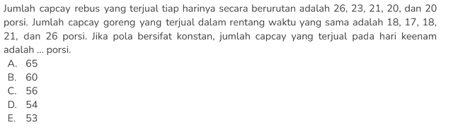 Jumlah capcay rebus yang terjual tiap harinya secara berurutan adalah 26, 23, 21, 20, dan 20
porsi. Jumlah capcay goreng yang terjual dalam rentang waktu yang sama adalah 18, 17, 18,
21, dan 26 porsi. Jika pola bersifat konstan, jumlah capcay yang terjual pada hari keenam
adalah ... porsi.
A. 65
B. 60
C. 56
D. 54
E. 53